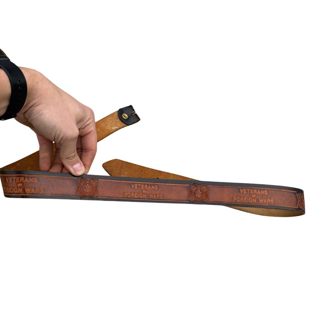 Vintage Genuine Leather Belt Embossed VETERANS OF FOREIGN WARS Large USA Made